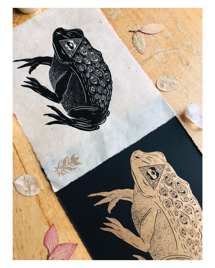 Skyfyre Studio linoprint - All Seeing Frog