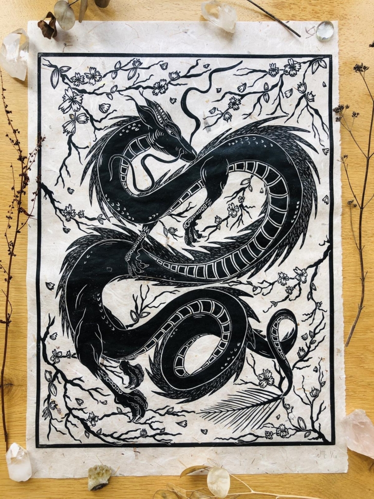 Skyfyre Studio linoprint - Haku Dragon and Cherry Blossom