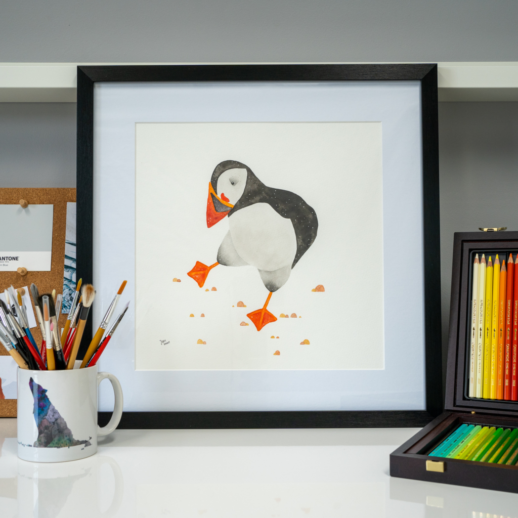 Jem Loves To Draw - framed puffin print