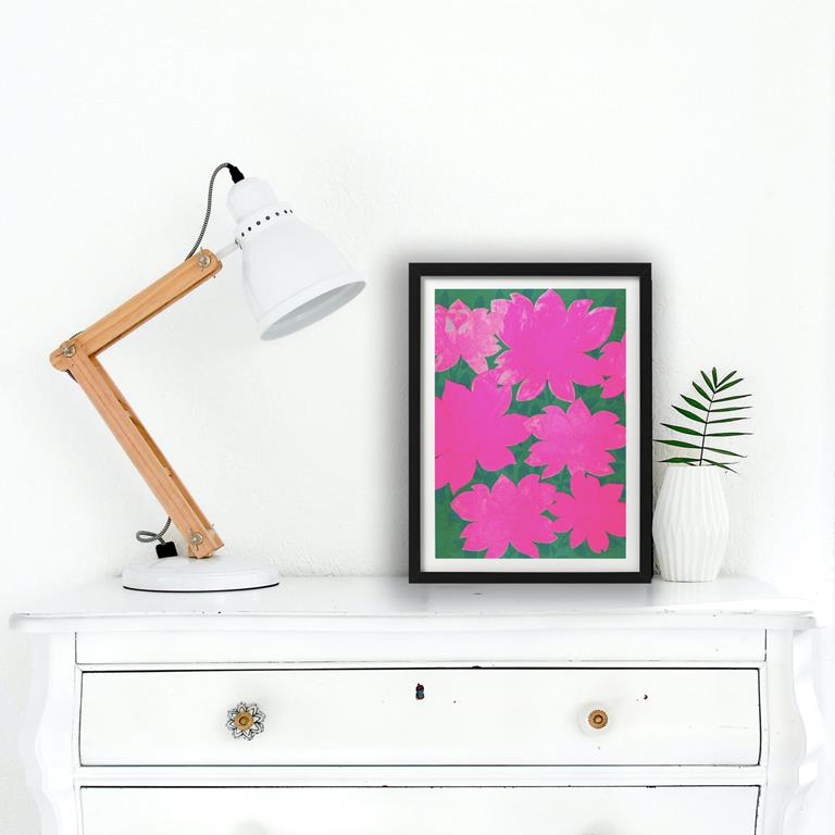 print of bright pink flowers on green background by Mahin Hussain