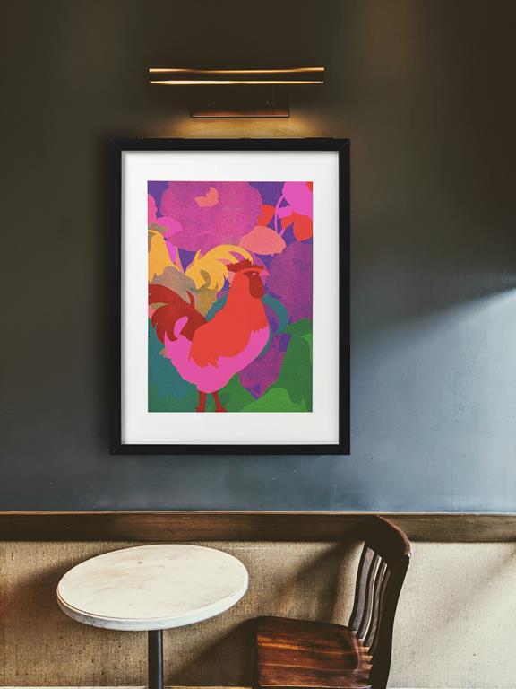 Mahin Hussain bold rooster print against dark wall