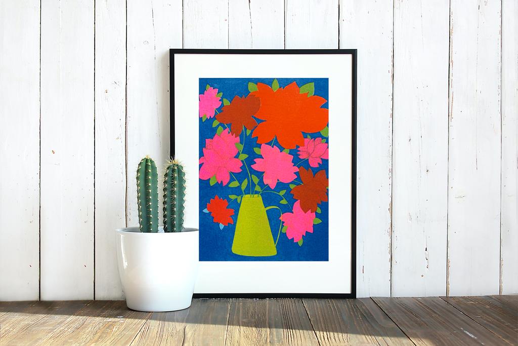 Mahin Hussain print of brightly coloured flowers in acid green vase