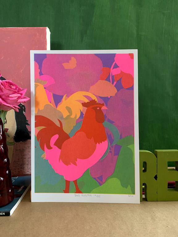 Mahin Hussain risograph print of a rooster in bold colours