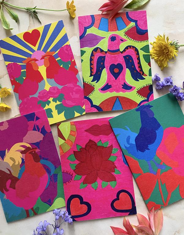 Set of Mahin Hussain greeting cards in bright colours with animals and flowers