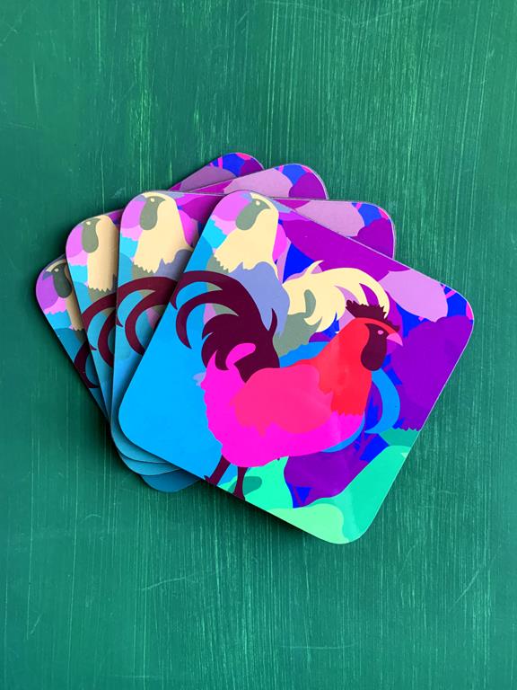 Mahin Hussain coaster set with brightly coloured roosters