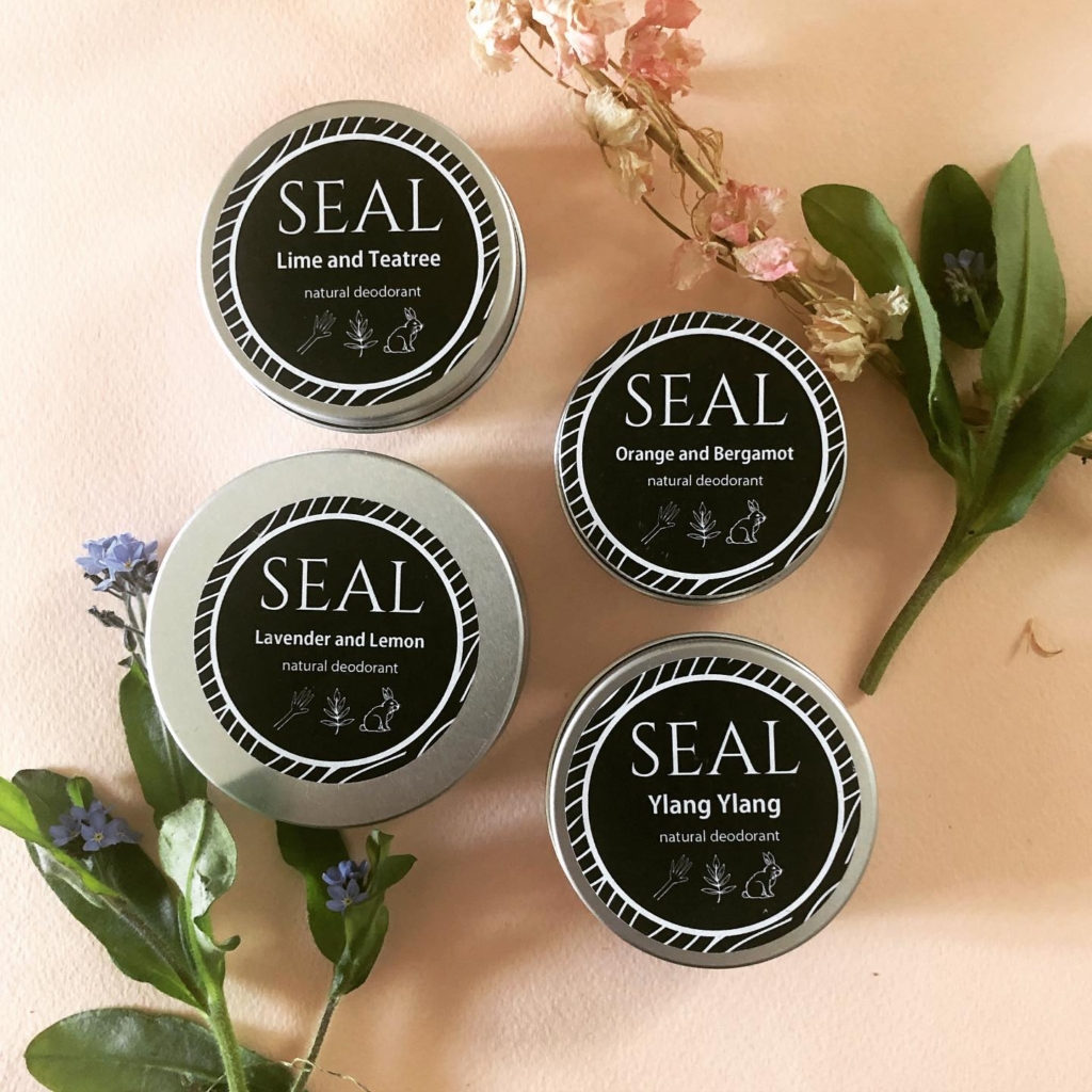 Seal brand hand made natural deodorants - selection of products including lime and teatree, orange and bergamot, lavender and lemon, and ylang ylang