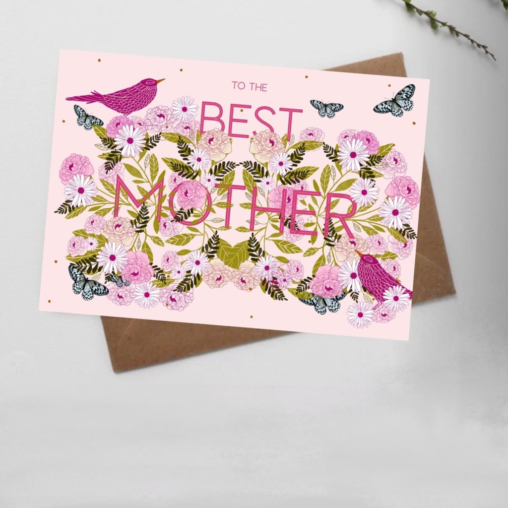 pink card with floral design saying best mother