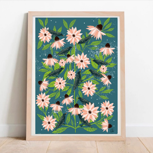 print of orange flowers on green background by Carole Hillman