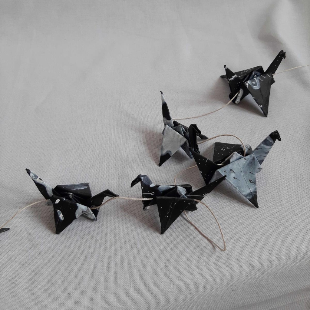Origami Birds - Black & White Ink Hanging Paper Cranes String Chain : Japanese / Art / Japan / Monochrome / Paper Birds / Bunting