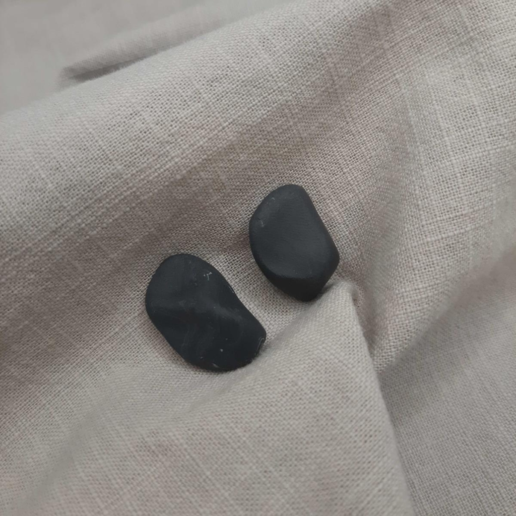 Large Handmade Minimalist Asymmetrical Polymer Clay Fimo Black Organic Shape Abstract Earrings Studs