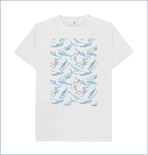 White t-shirt with shark outline print design - sharks in shades of blue, green and black swimming.