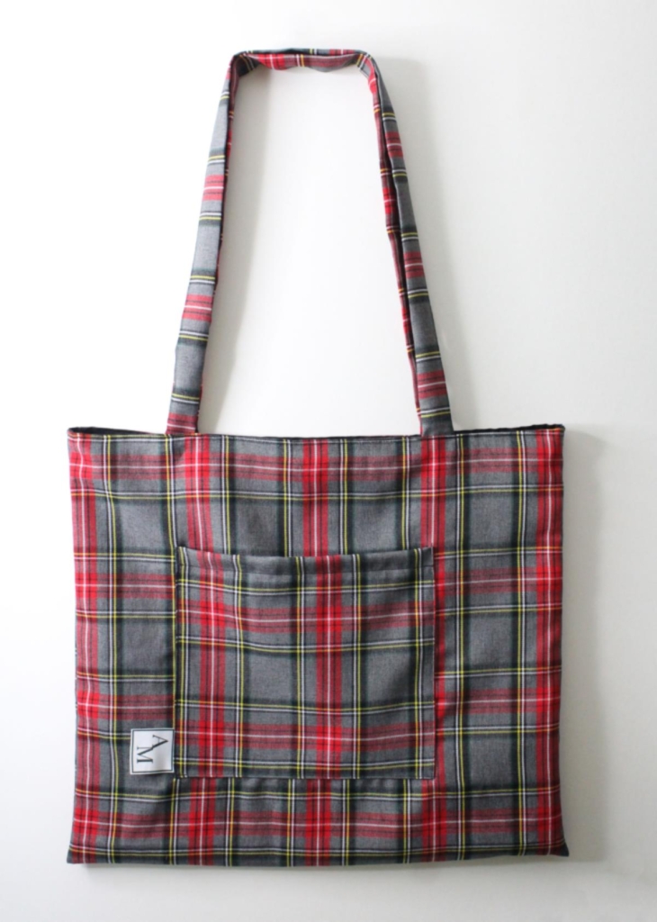 Square tartan cloth tote bag in shades of red and grey, by Adina Monette.