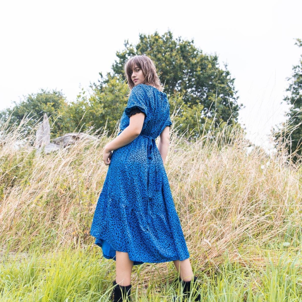 mid calf length tiered dress - cobalt blue with black print, by Hello Cleo.
