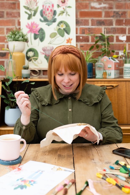 Sarah of Go With The Sew embroidering in her studio