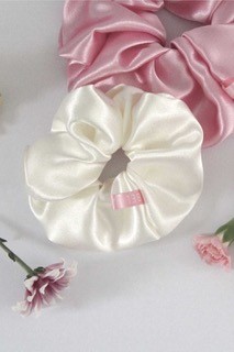 ivory and rose-coloured satin scrunchies by Bellanude
