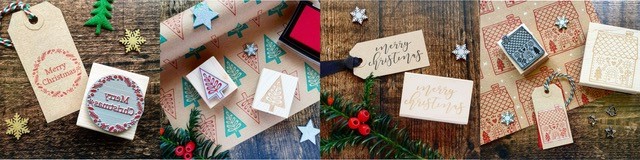 Selection of Christmas tags and wrapping paper, stamped with Christmas motifs