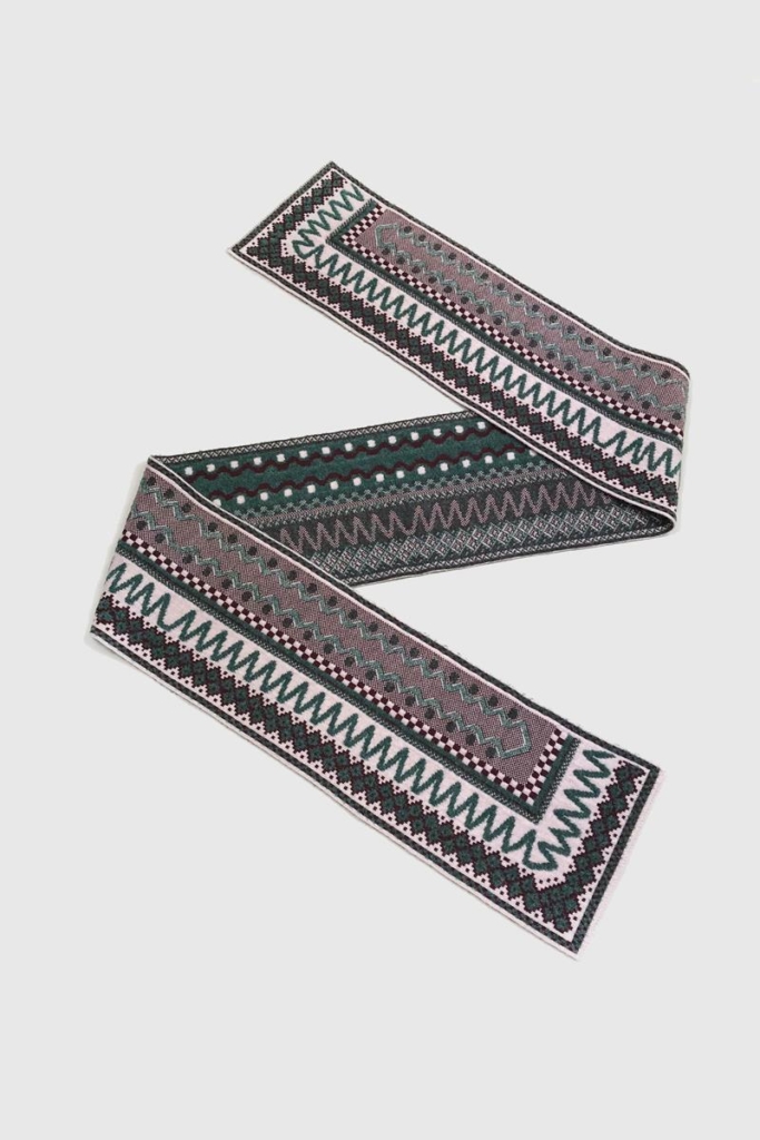 'Blockley' woollen scarf in zig zag design in shades of mushroom, jade, pink and cream.