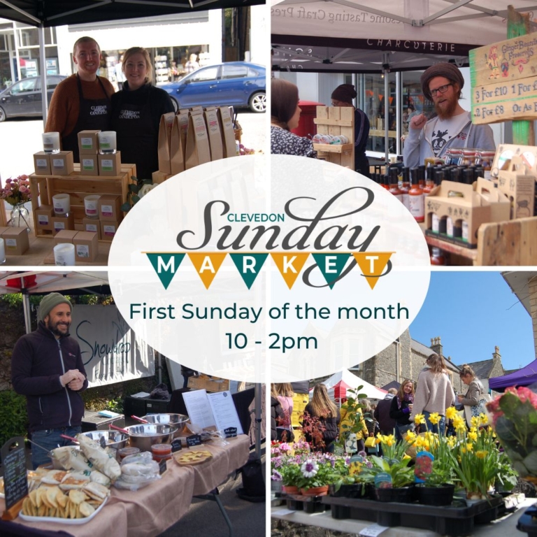 Clevedon Sunday Market poster - First Sunday of the month, 10am - 2pm. Photos showing stallholders of various stalls - flowers and plants, sauces, candles, food.