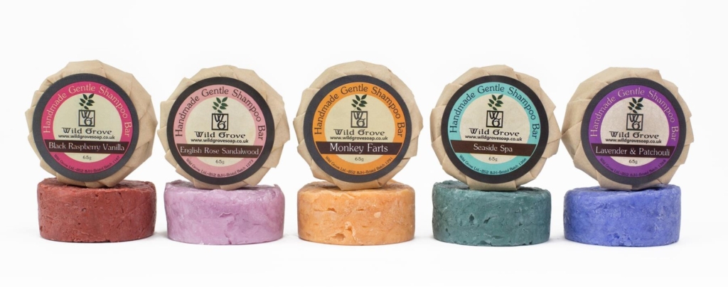 Wild Grove Handmade Gentle Shampoo Bars, in 'Black Raspberry Vanilla', 'English Rose Sandalwood', 'Monkey Farts', 'Seaside Spa', 'Lavender & Patchouli'.