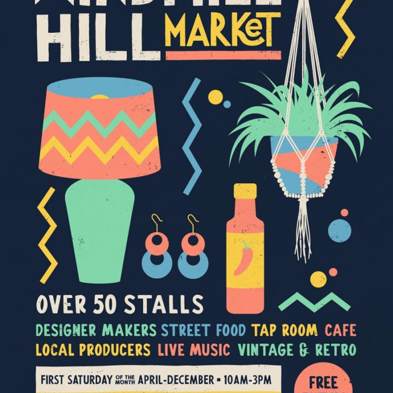 Windmill Hill Market graphic with text: Over 50 stalls, designer makers, street food, tap room, cafe, local producers, live music, vintage and retro. First Saturday of the month April - December, 10am - 3pm. Windmill Hill City Farm, BS3 4EA. Free Entry. insta: windmill_hill_market www.windmillhillcityfarm.org.uk In collaboration with bristolmarket.co.uk