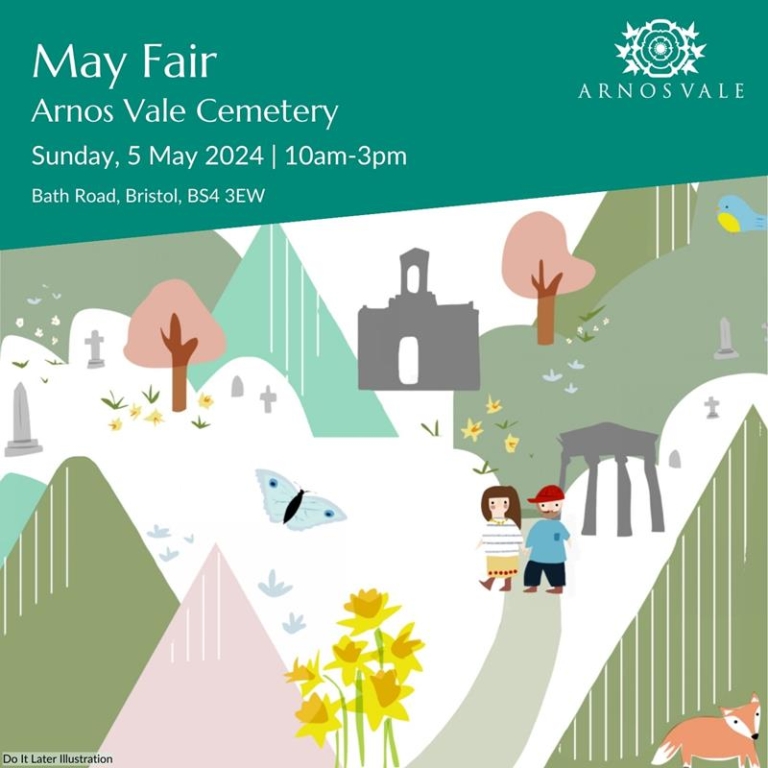 Arnos Vale Cemetary May Fair,graphic with trees, paths, couple holding hands, wildlife - Sunday 5 May 2024, 10am-3pm