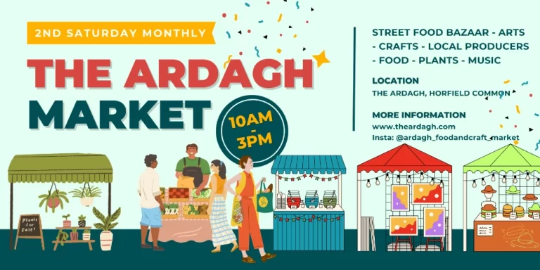 The Ardagh Market poster, showing market stalls including plants, artwork, hats, vegetables, and drinks.