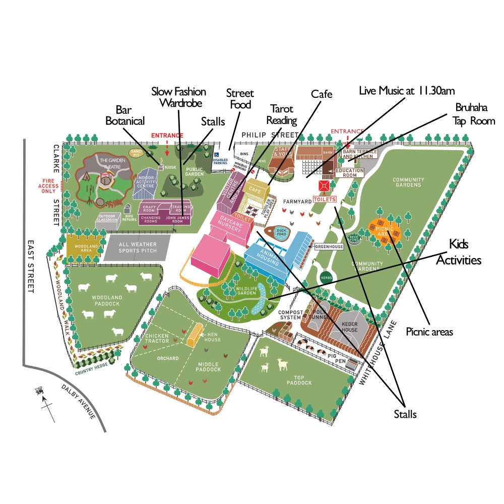map of Windmill Hill Market within the Windmill Hill Farm site. Including Bar Botanical, Stalls, Street Food, Live music from 11.30am, kids activities, Bruhaha Tap Room, Picnic area, Tarot reading.