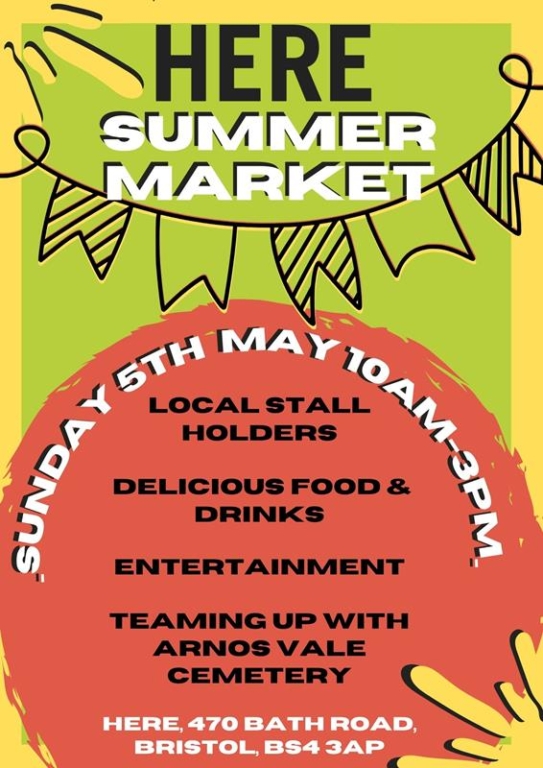HERE Summer Market poster with brightly coloured graphics